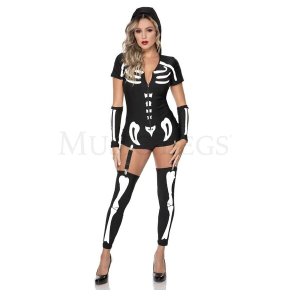 Sexy Skeleton 3 Pc Halloween Front Zip Skeleton Romper Costume Set Size M/L - Picture 2 of 7